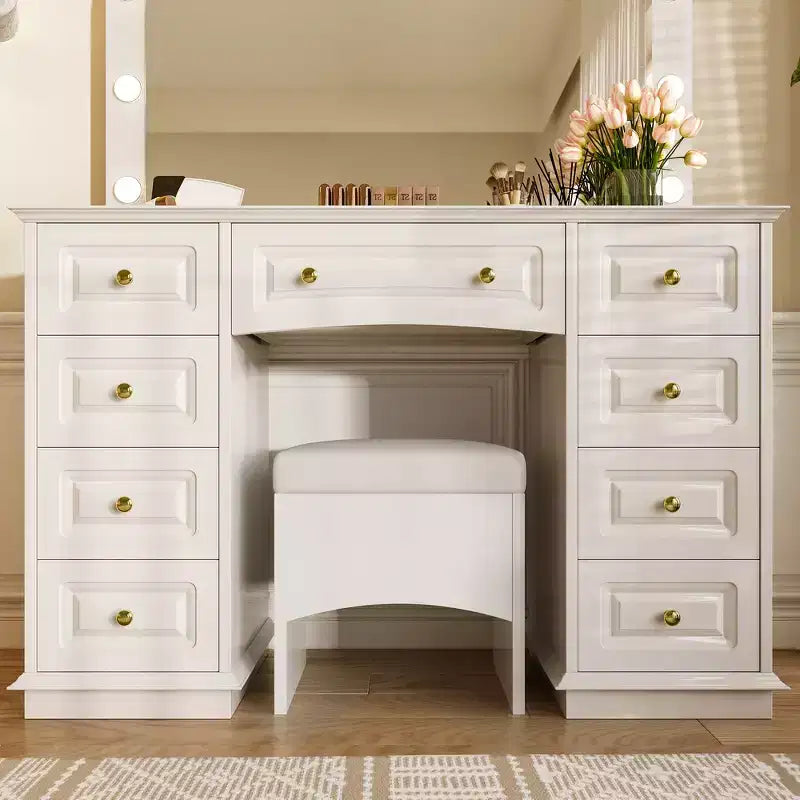 Coiffeuse Classique Whisen, Coiffeuse de Maquillage avec Miroir, Tabouret Rembourré et 9 Tiroirs de Rangement - Blanc