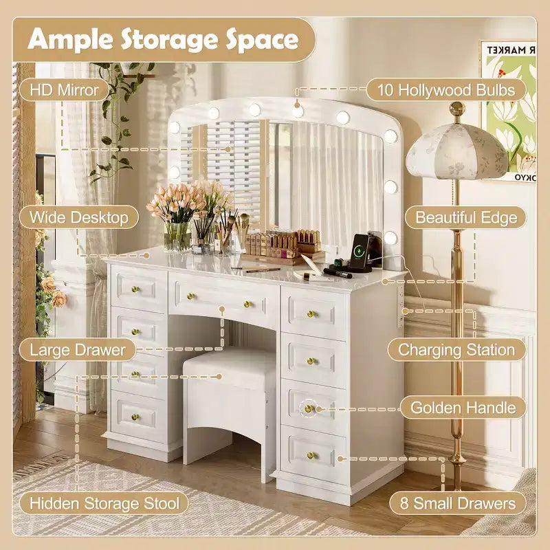 Coiffeuse Classique Whisen, Coiffeuse de Maquillage avec Miroir, Tabouret Rembourré et 9 Tiroirs de Rangement - Blanc