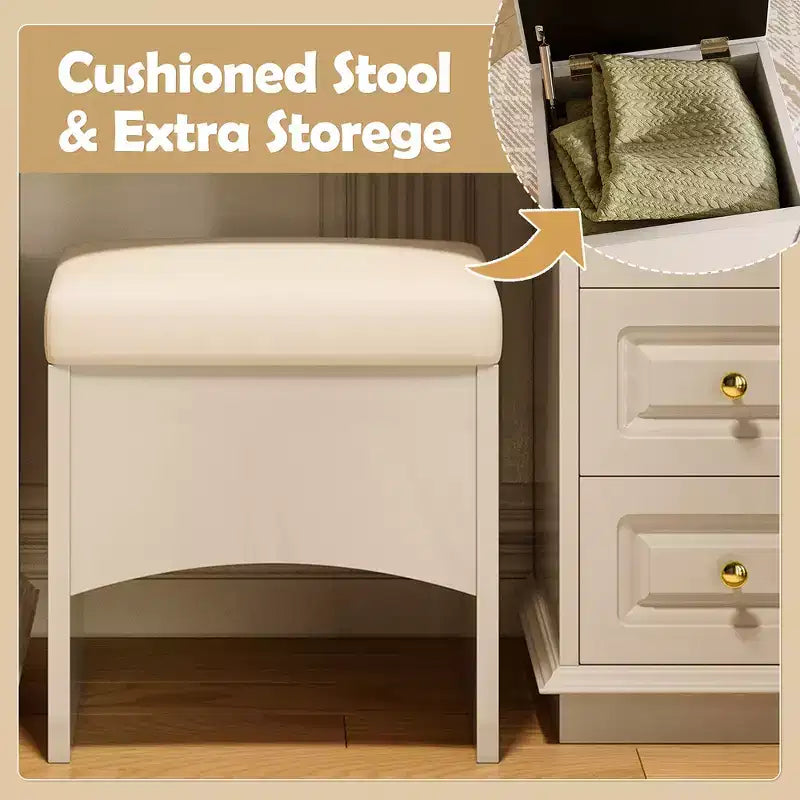 Coiffeuse Classique Whisen, Coiffeuse de Maquillage avec Miroir, Tabouret Rembourré et 9 Tiroirs de Rangement - Blanc