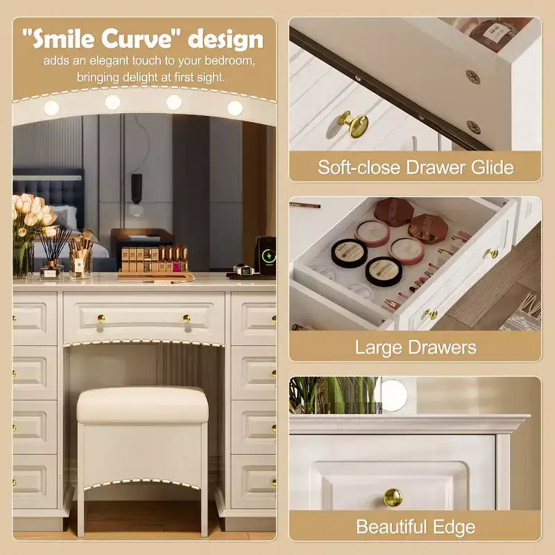 Coiffeuse Classique Whisen, Coiffeuse de Maquillage avec Miroir, Tabouret Rembourré et 9 Tiroirs de Rangement - Blanc