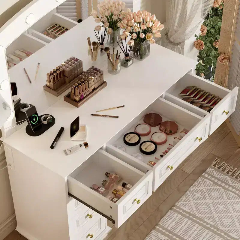 Coiffeuse Classique Whisen, Coiffeuse de Maquillage avec Miroir, Tabouret Rembourré et 9 Tiroirs de Rangement - Blanc