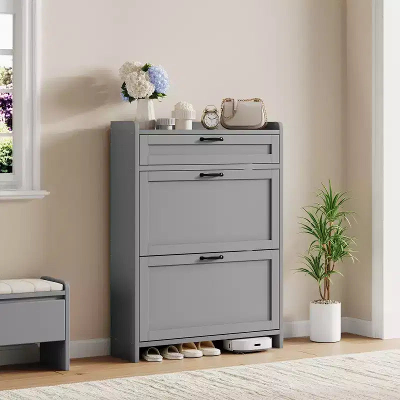 Meuble de rangement pour chaussures avec 2 tiroirs basculants, étagère à chaussures autoportante avec étagère réglable, organiseur de chaussures en bois dissimulé pour entrée, salon