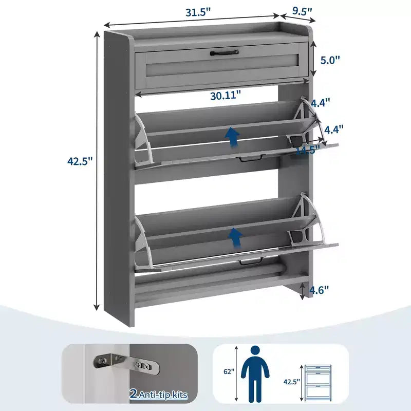Meuble de rangement pour chaussures avec 2 tiroirs basculants, étagère à chaussures autoportante avec étagère réglable, organiseur de chaussures en bois dissimulé pour entrée, salon