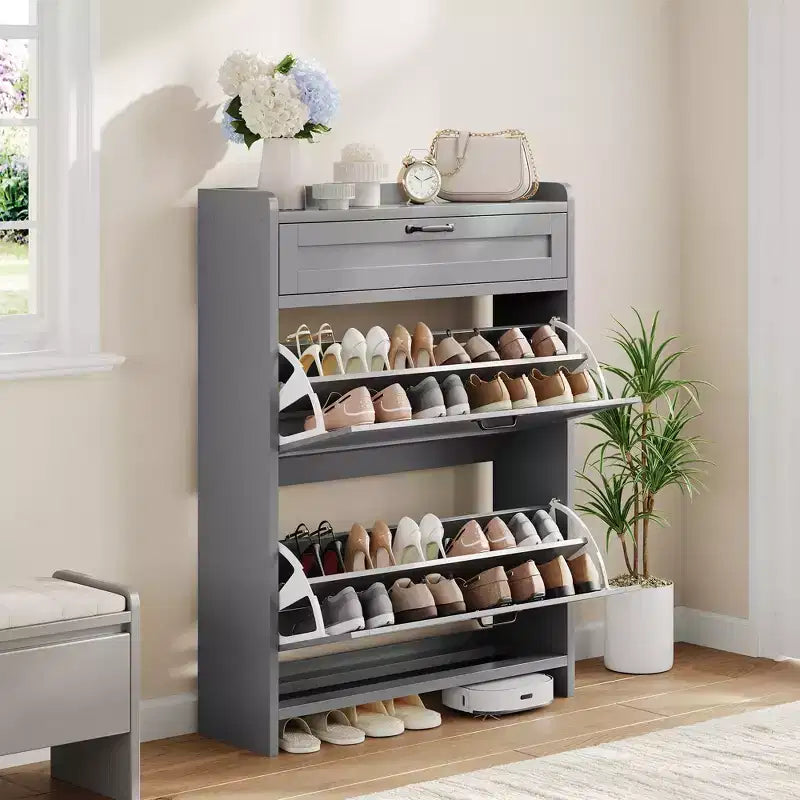 Meuble de rangement pour chaussures avec 2 tiroirs basculants, étagère à chaussures autoportante avec étagère réglable, organiseur de chaussures en bois dissimulé pour entrée, salon