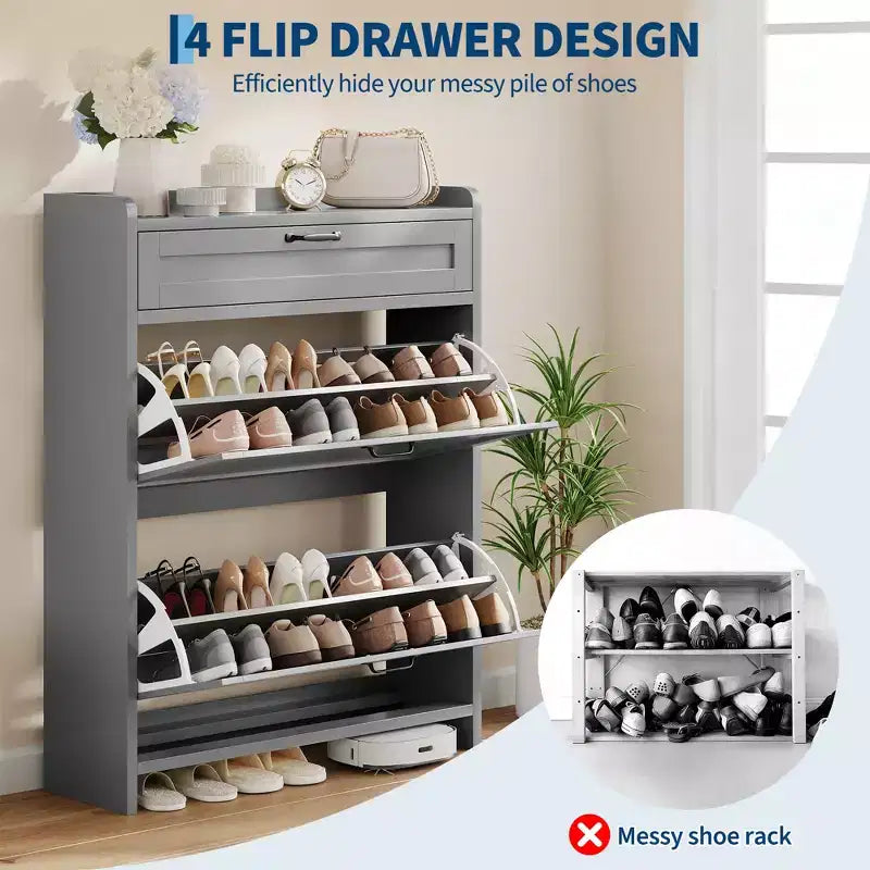 Meuble de rangement pour chaussures avec 2 tiroirs basculants, étagère à chaussures autoportante avec étagère réglable, organiseur de chaussures en bois dissimulé pour entrée, salon