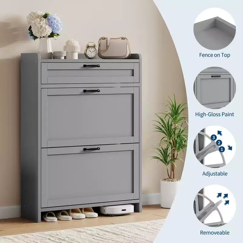 Meuble de rangement pour chaussures avec 2 tiroirs basculants, étagère à chaussures autoportante avec étagère réglable, organiseur de chaussures en bois dissimulé pour entrée, salon