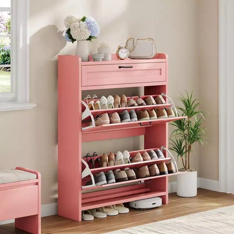 Meuble de rangement pour chaussures avec 2 tiroirs basculants, étagère à chaussures autoportante avec étagère réglable, organiseur de chaussures en bois dissimulé pour entrée, salon
