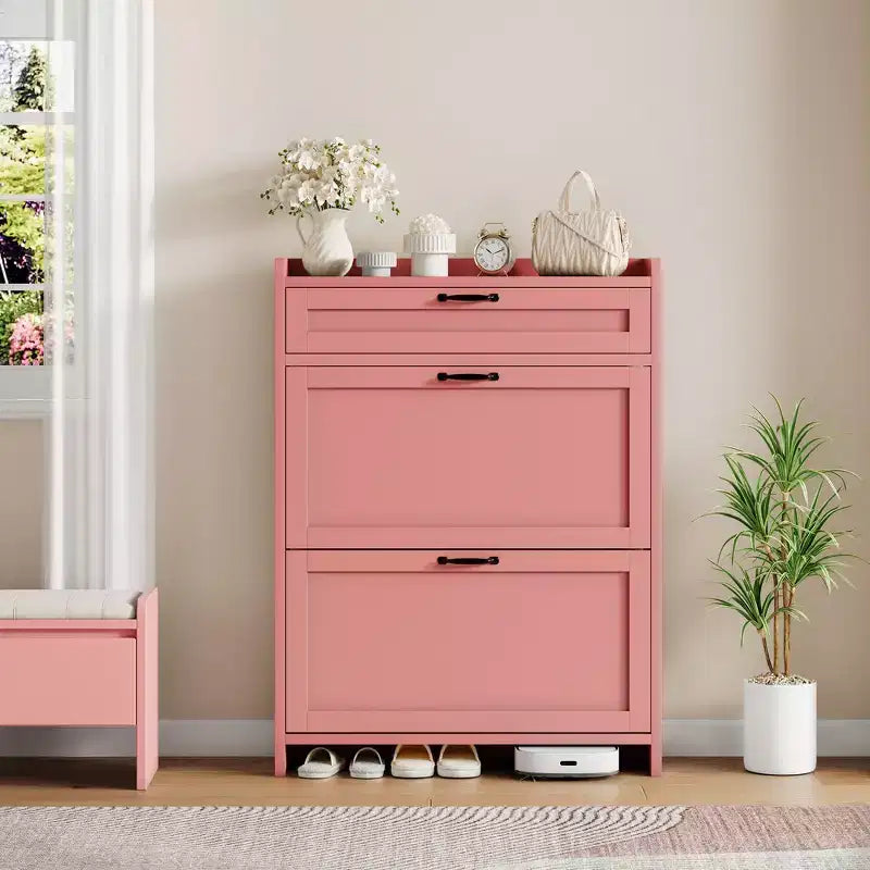 Meuble de rangement pour chaussures avec 2 tiroirs basculants, étagère à chaussures autoportante avec étagère réglable, organiseur de chaussures en bois dissimulé pour entrée, salon