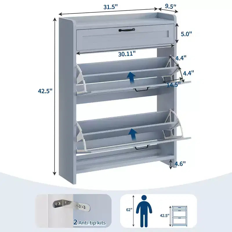 Meuble de rangement pour chaussures avec 2 tiroirs basculants, étagère à chaussures autoportante avec étagère réglable, organiseur de chaussures en bois dissimulé pour entrée, salon
