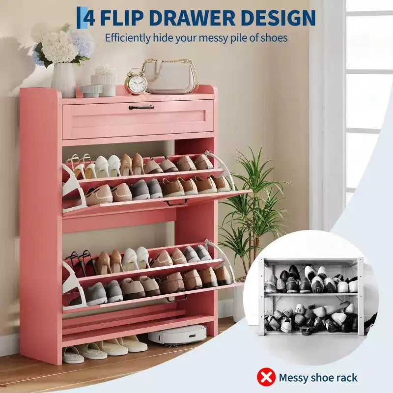 Meuble de rangement pour chaussures avec 2 tiroirs basculants, étagère à chaussures autoportante avec étagère réglable, organiseur de chaussures en bois dissimulé pour entrée, salon
