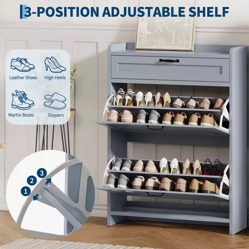 Meuble de rangement pour chaussures avec 2 tiroirs basculants, étagère à chaussures autoportante avec étagère réglable, organiseur de chaussures en bois dissimulé pour entrée, salon