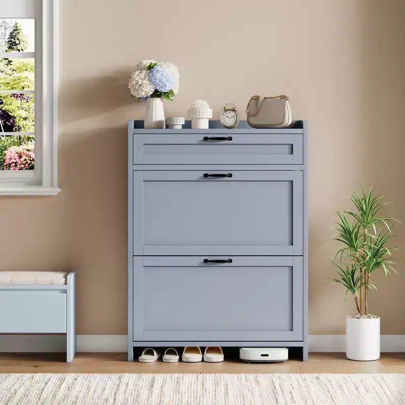 Meuble de rangement pour chaussures avec 2 tiroirs basculants, étagère à chaussures autoportante avec étagère réglable, organiseur de chaussures en bois dissimulé pour entrée, salon