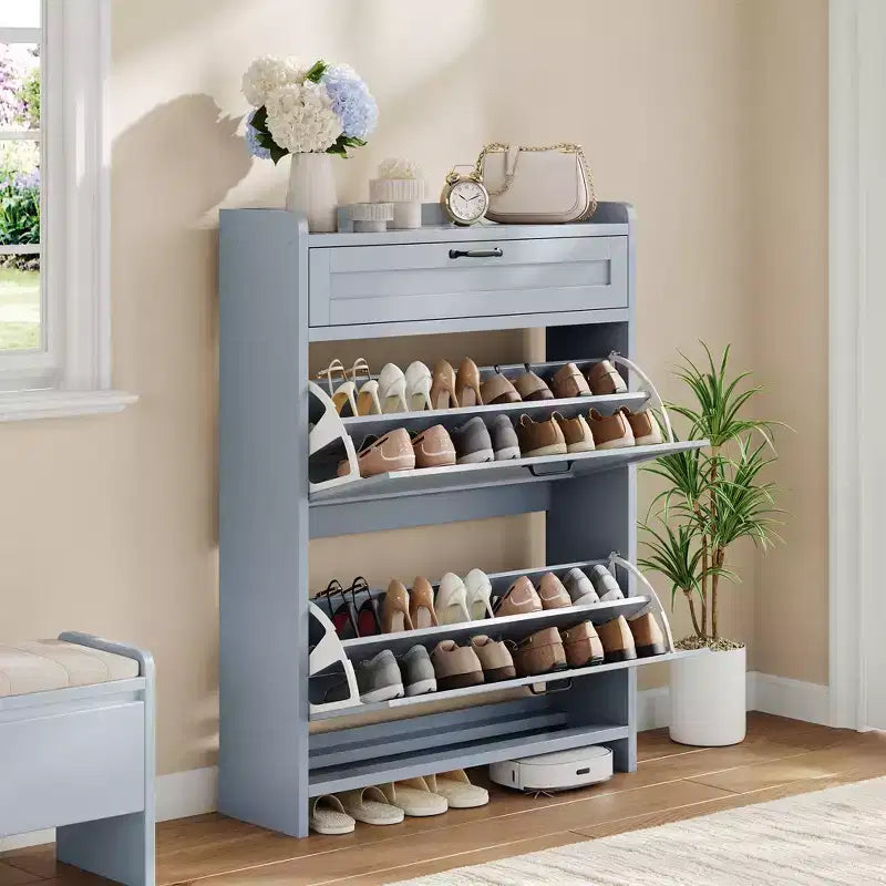 Meuble de rangement pour chaussures avec 2 tiroirs basculants, étagère à chaussures autoportante avec étagère réglable, organiseur de chaussures en bois dissimulé pour entrée, salon