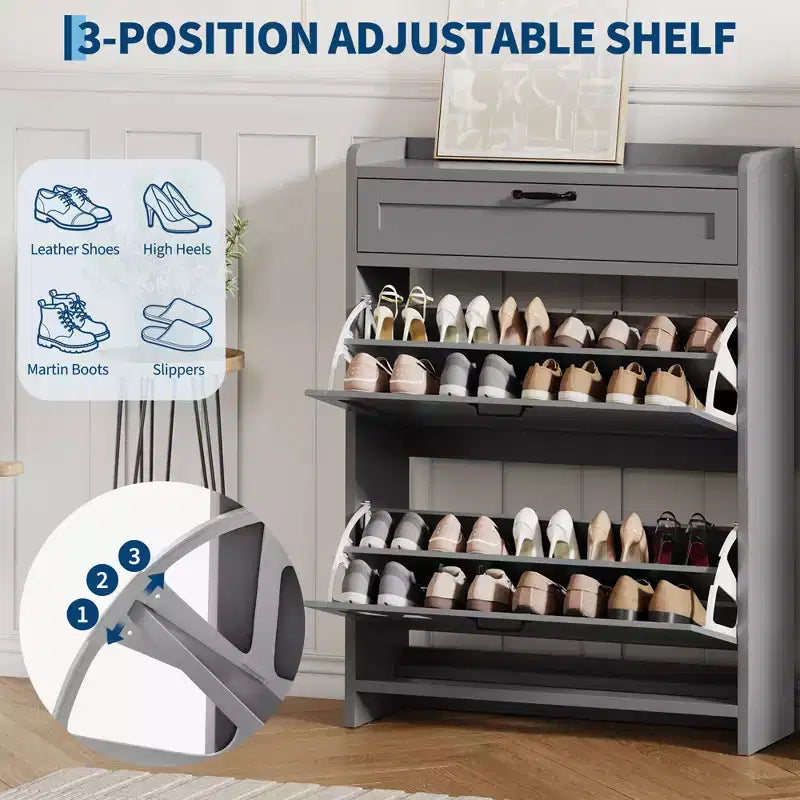 Meuble de rangement pour chaussures avec 2 tiroirs basculants, étagère à chaussures autoportante avec étagère réglable, organiseur de chaussures en bois dissimulé pour entrée, salon