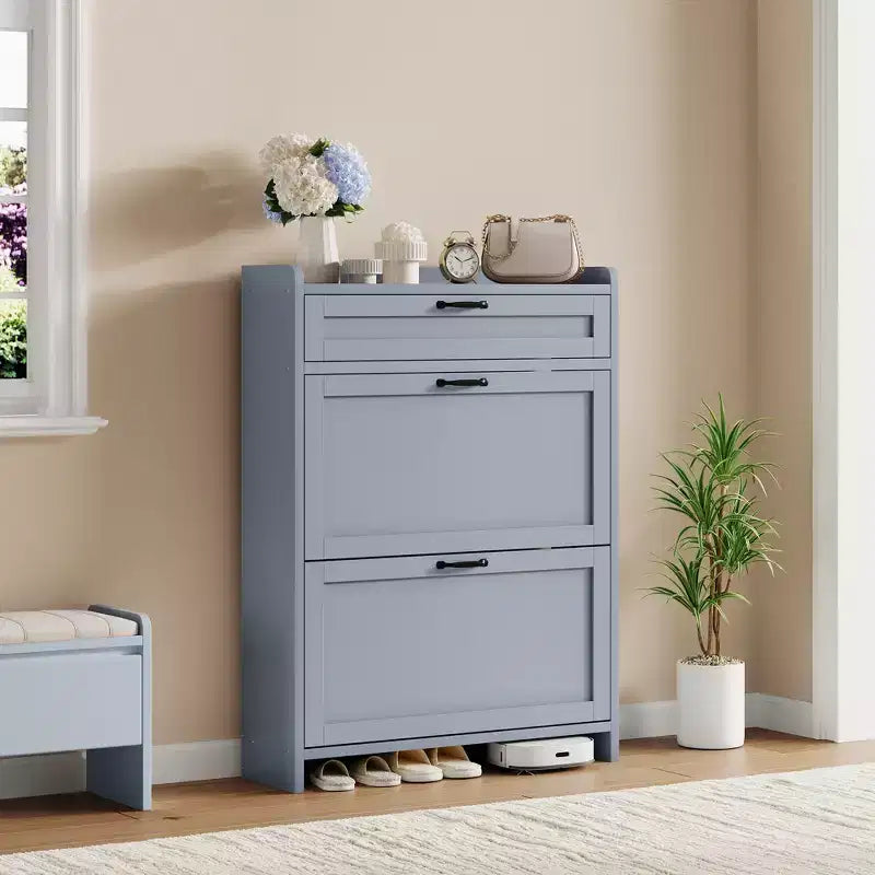 Shoe Storage Cabinet with 2 Flip Drawers, Freestanding Shoe Rack with Adjustable Shelf, Wood Hidden Shoe Organizer for Entryway, Living Room