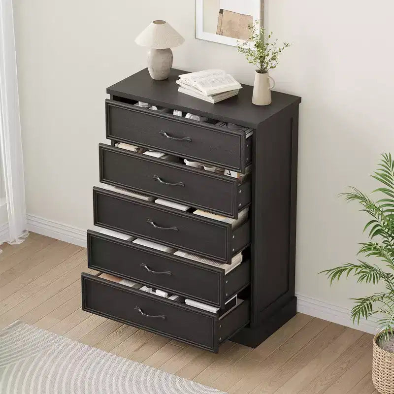 Commode Acekool Mid-Century, Meuble de Rangement à 5 Tiroirs avec Poignées Métalliques, Commode en Bois pour Chambre à Coucher Salon