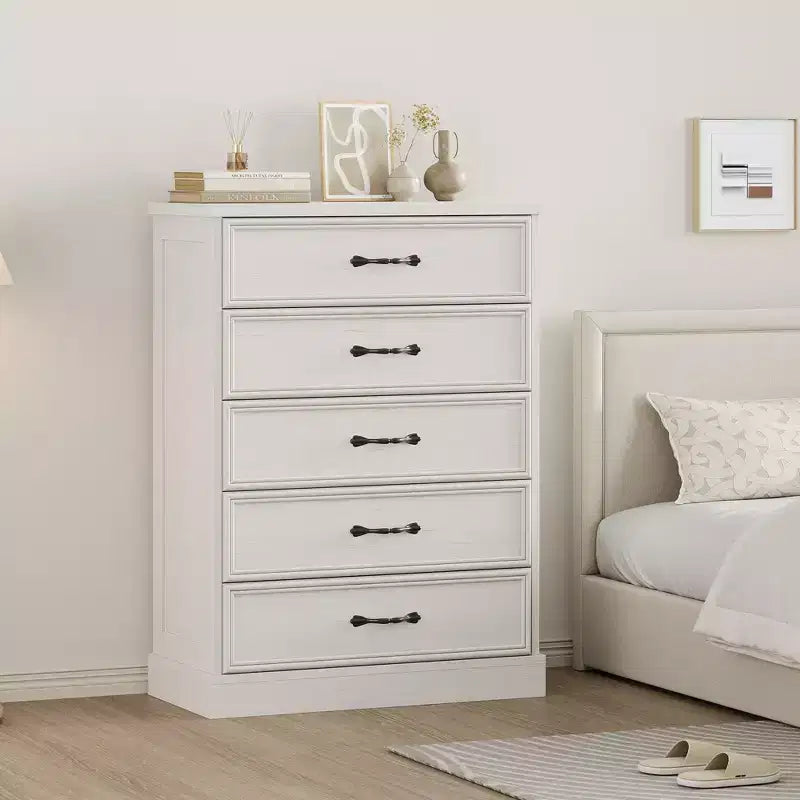 Commode Acekool Mid-Century, Meuble de Rangement à 5 Tiroirs avec Poignées Métalliques, Commode en Bois pour Chambre à Coucher Salon