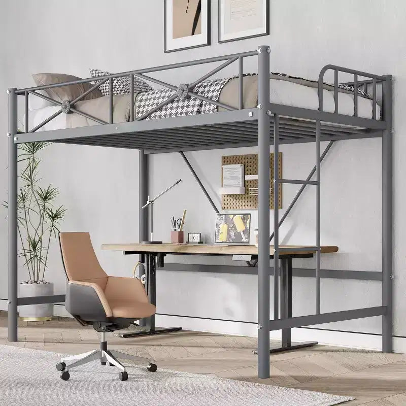 Cadre de lit mezzanine métallique double, lit surélevé en acier robuste avec barrières de sécurité, design peu encombrant pour chambre d'enfant, dortoir ou salle de classe