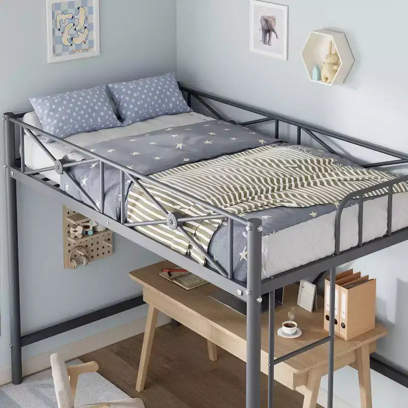 Cadre de lit mezzanine métallique double, lit surélevé en acier robuste avec barrières de sécurité, design peu encombrant pour chambre d'enfant, dortoir ou salle de classe