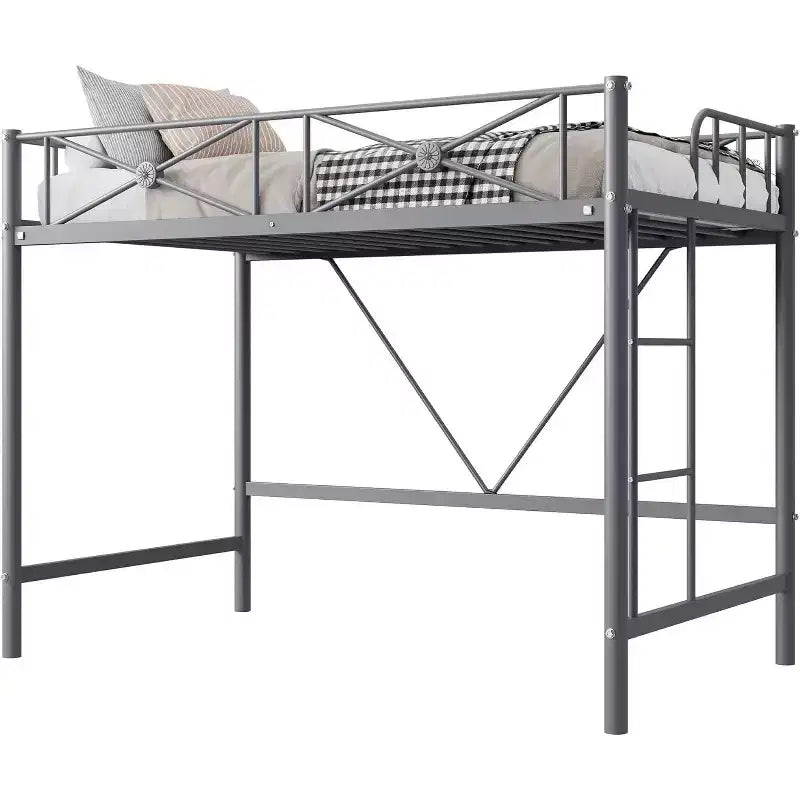 Cadre de lit mezzanine métallique double, lit surélevé en acier robuste avec barrières de sécurité, design peu encombrant pour chambre d'enfant, dortoir ou salle de classe
