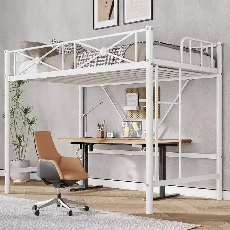 Cadre de lit mezzanine métallique double, lit surélevé en acier robuste avec barrières de sécurité, design peu encombrant pour chambre d'enfant, dortoir ou salle de classe