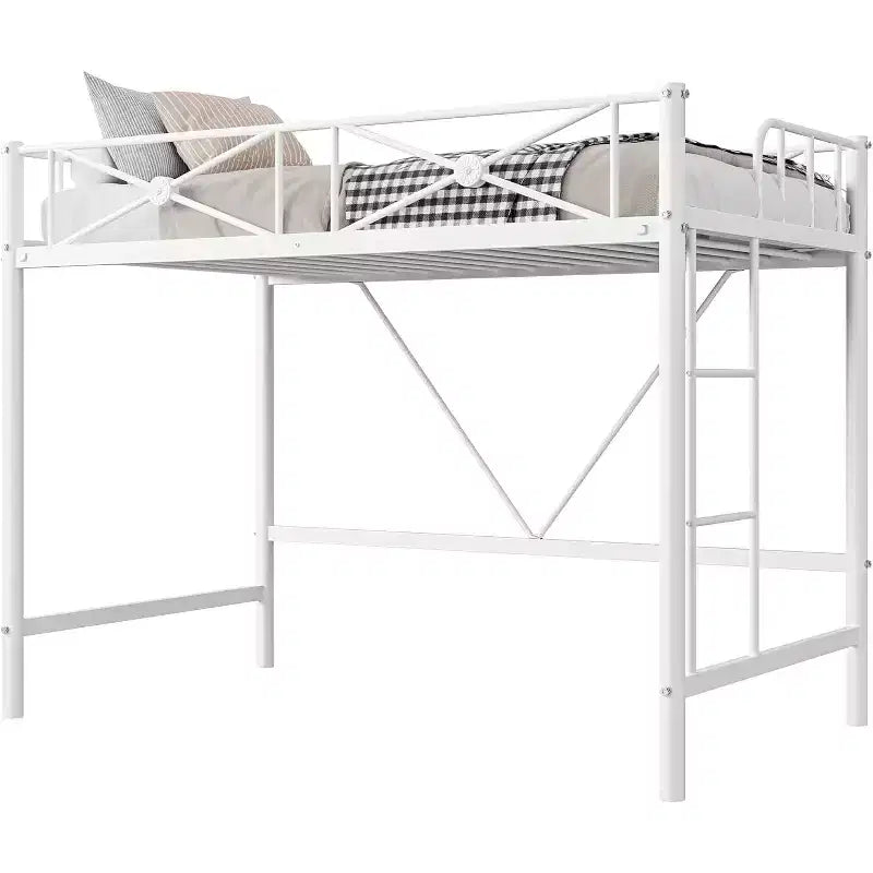 Cadre de lit mezzanine métallique double, lit surélevé en acier robuste avec barrières de sécurité, design peu encombrant pour chambre d'enfant, dortoir ou salle de classe