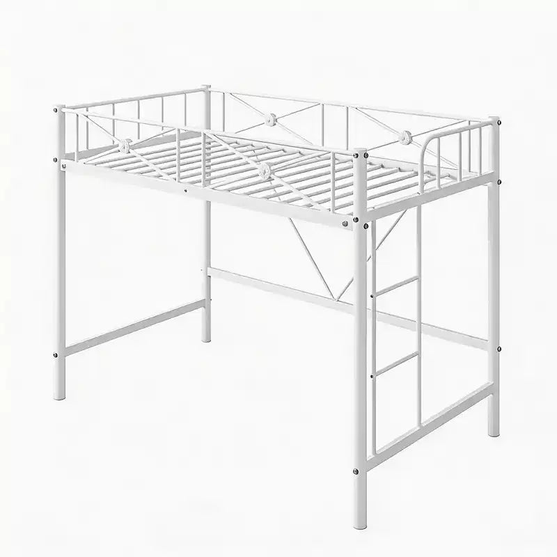 Cadre de lit mezzanine métallique double, lit surélevé en acier robuste avec barrières de sécurité, design peu encombrant pour chambre d'enfant, dortoir ou salle de classe