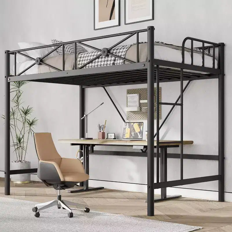 Cadre de lit mezzanine métallique double, lit surélevé en acier robuste avec barrières de sécurité, design peu encombrant pour chambre d'enfant, dortoir ou salle de classe