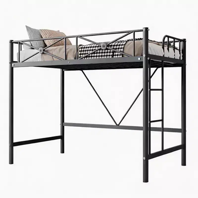 Cadre de lit mezzanine métallique double, lit surélevé en acier robuste avec barrières de sécurité, design peu encombrant pour chambre d'enfant, dortoir ou salle de classe