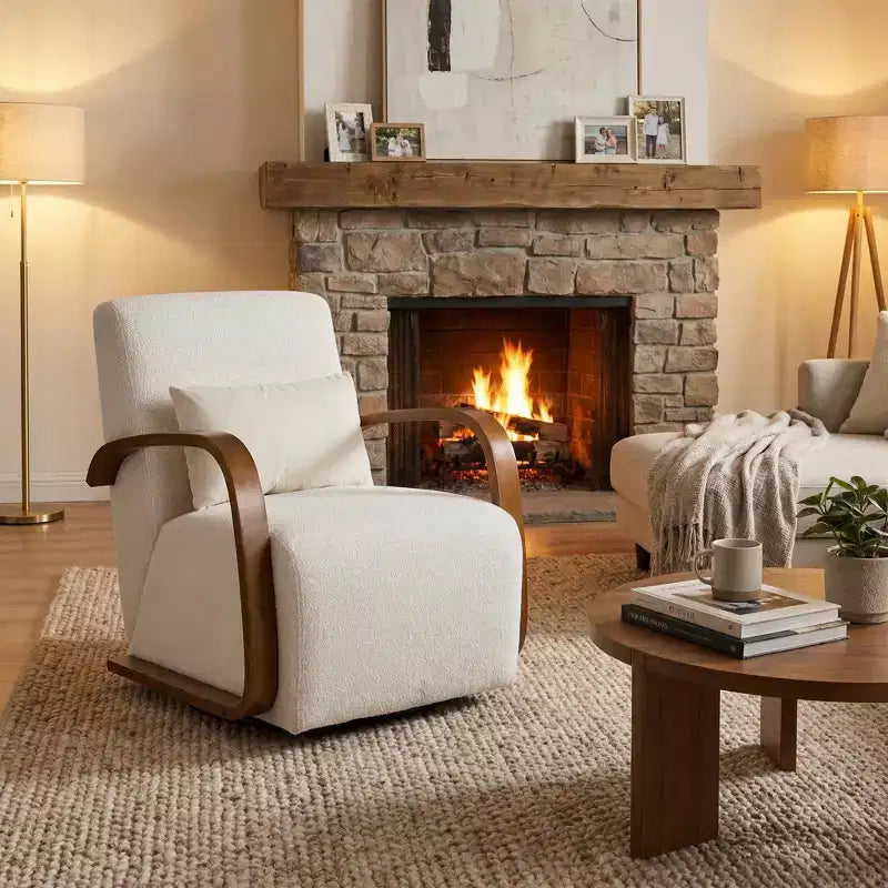 FurnitureR Linen Blend Swivel Accent Chair with Curved Wood Arms and Pillow, Upholstered Lounge Chair for Living Room, Bedroom, Reading Corner, Cream