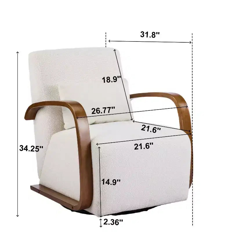 Fauteuil pivotant FurnitureR en mélange de lin avec accoudoirs incurvés en bois et oreiller, fauteuil de salon rembourré pour salon, chambre, coin lecture, crème
