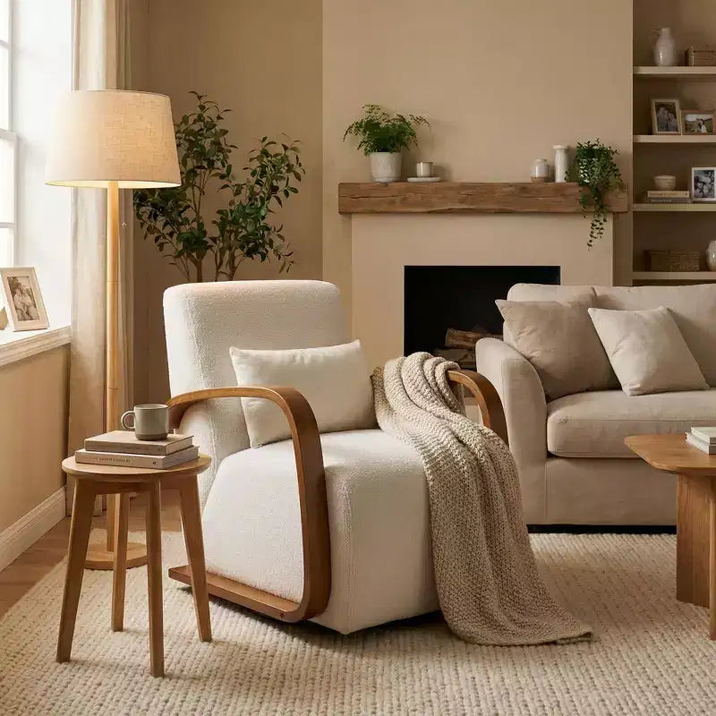 Fauteuil pivotant FurnitureR en mélange de lin avec accoudoirs incurvés en bois et oreiller, fauteuil de salon rembourré pour salon, chambre, coin lecture, crème
