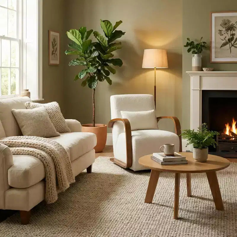 Fauteuil pivotant FurnitureR en mélange de lin avec accoudoirs incurvés en bois et oreiller, fauteuil de salon rembourré pour salon, chambre, coin lecture, crème