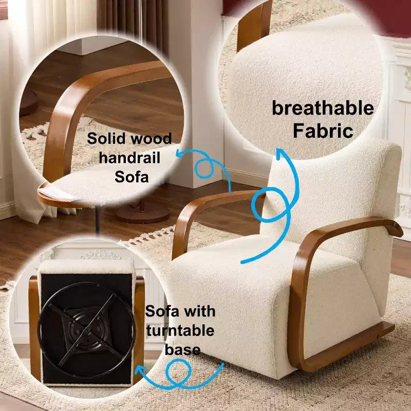Fauteuil pivotant FurnitureR en mélange de lin avec accoudoirs incurvés en bois et oreiller, fauteuil de salon rembourré pour salon, chambre, coin lecture, crème