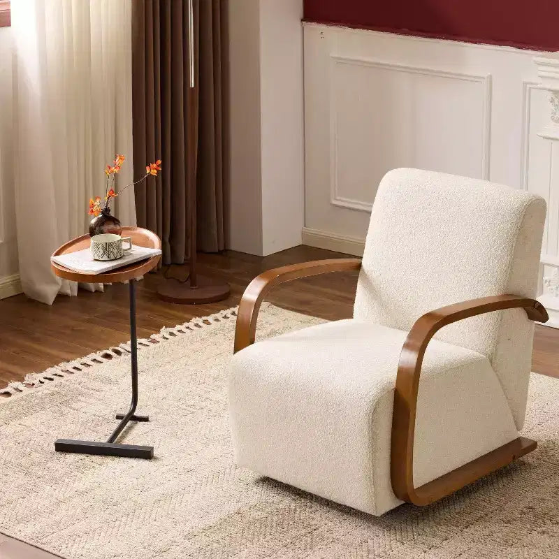 Fauteuil pivotant FurnitureR en mélange de lin avec accoudoirs incurvés en bois et oreiller, fauteuil de salon rembourré pour salon, chambre, coin lecture, crème