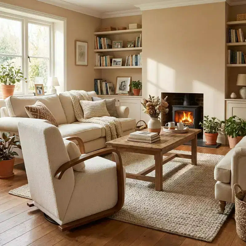 Fauteuil pivotant FurnitureR en mélange de lin avec accoudoirs incurvés en bois et oreiller, fauteuil de salon rembourré pour salon, chambre, coin lecture, crème