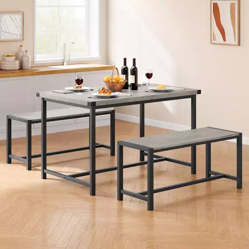 Ensemble de salle à manger compact pour 4-6 personnes, table rectangulaire en métal et bois avec 2 bancs, assemblage facile, idéal pour les appartements et les petits espaces.