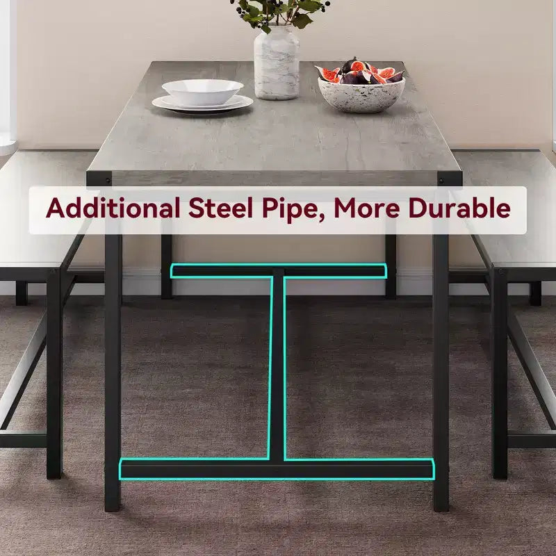 Ensemble de salle à manger compact pour 4-6 personnes, table rectangulaire en métal et bois avec 2 bancs, assemblage facile, idéal pour les appartements et les petits espaces.