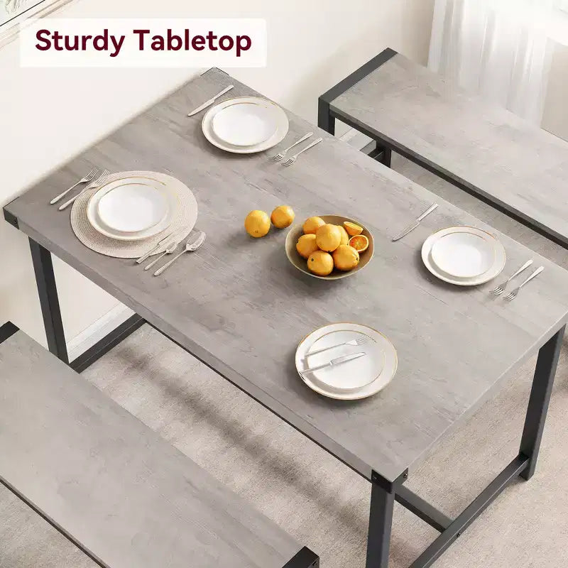 Ensemble de salle à manger compact pour 4-6 personnes, table rectangulaire en métal et bois avec 2 bancs, assemblage facile, idéal pour les appartements et les petits espaces.