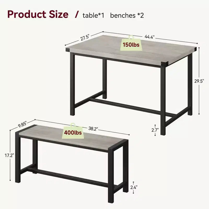Ensemble de salle à manger compact pour 4-6 personnes, table rectangulaire en métal et bois avec 2 bancs, assemblage facile, idéal pour les appartements et les petits espaces.