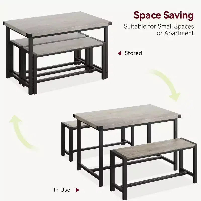 Ensemble de salle à manger compact pour 4-6 personnes, table rectangulaire en métal et bois avec 2 bancs, assemblage facile, idéal pour les appartements et les petits espaces.