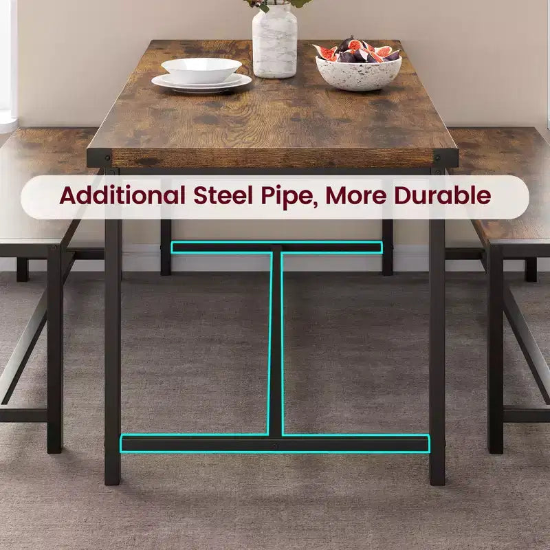 Ensemble de salle à manger compact pour 4-6 personnes, table rectangulaire en métal et bois avec 2 bancs, assemblage facile, idéal pour les appartements et les petits espaces.