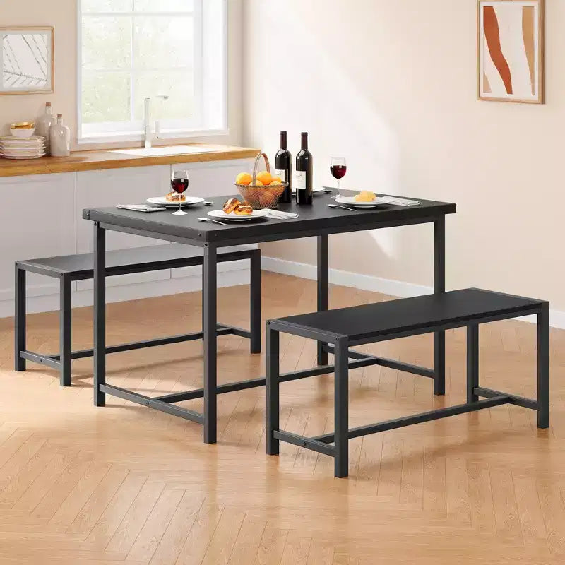 Ensemble de salle à manger compact pour 4-6 personnes, table rectangulaire en métal et bois avec 2 bancs, assemblage facile, idéal pour les appartements et les petits espaces.