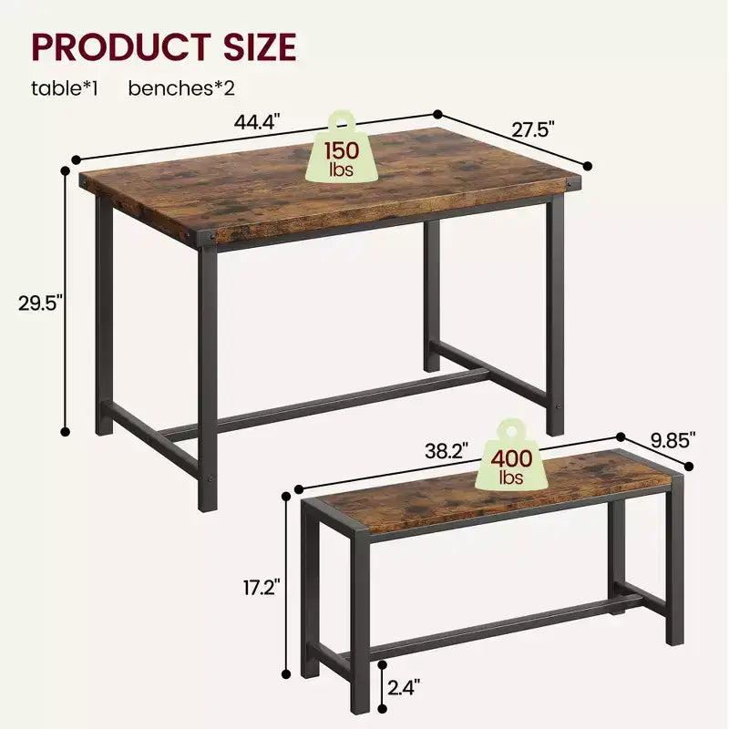 Ensemble de salle à manger compact pour 4-6 personnes, table rectangulaire en métal et bois avec 2 bancs, assemblage facile, idéal pour les appartements et les petits espaces.