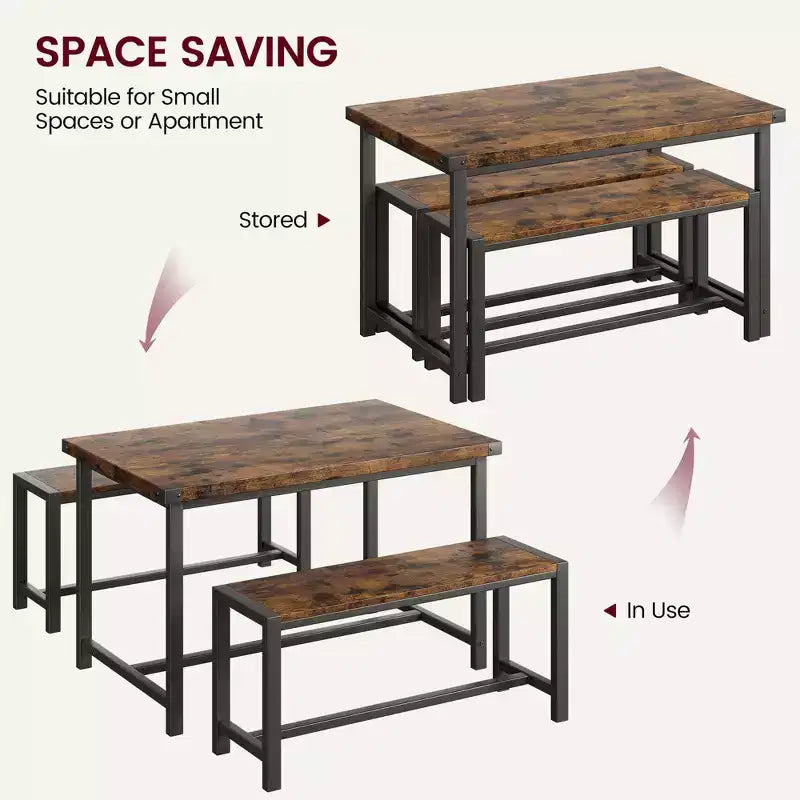 Ensemble de salle à manger compact pour 4-6 personnes, table rectangulaire en métal et bois avec 2 bancs, assemblage facile, idéal pour les appartements et les petits espaces.