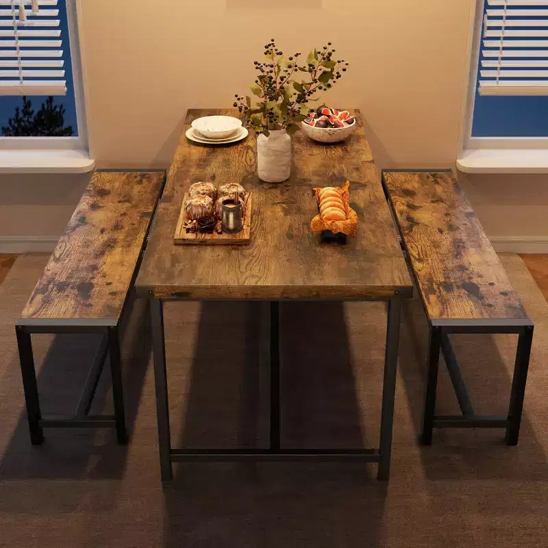 Ensemble de salle à manger compact pour 4-6 personnes, table rectangulaire en métal et bois avec 2 bancs, assemblage facile, idéal pour les appartements et les petits espaces.