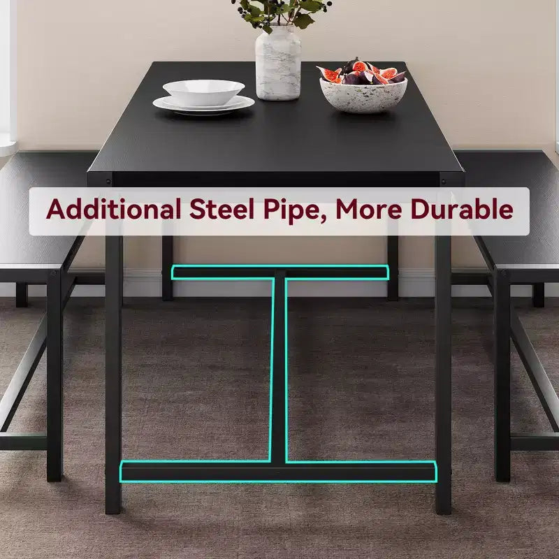 Ensemble de salle à manger compact pour 4-6 personnes, table rectangulaire en métal et bois avec 2 bancs, assemblage facile, idéal pour les appartements et les petits espaces.