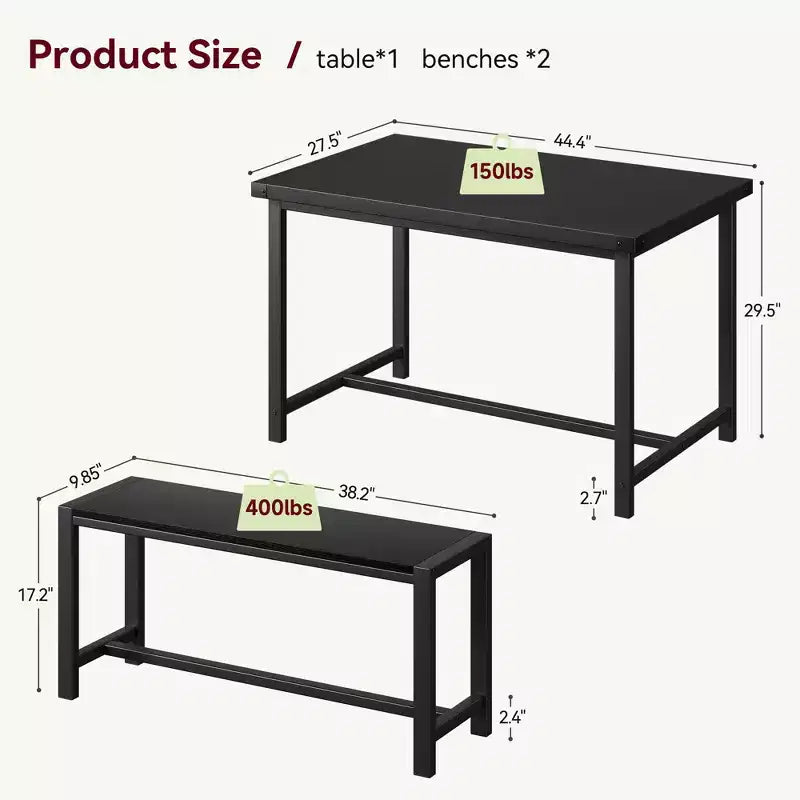 Ensemble de salle à manger compact pour 4-6 personnes, table rectangulaire en métal et bois avec 2 bancs, assemblage facile, idéal pour les appartements et les petits espaces.