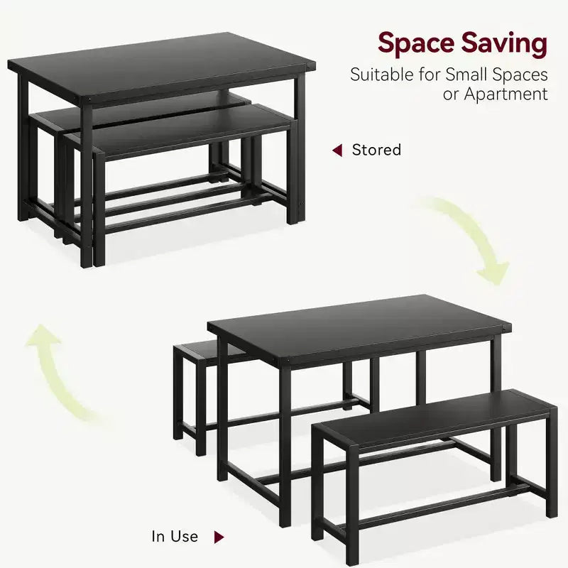 Ensemble de salle à manger compact pour 4-6 personnes, table rectangulaire en métal et bois avec 2 bancs, assemblage facile, idéal pour les appartements et les petits espaces.