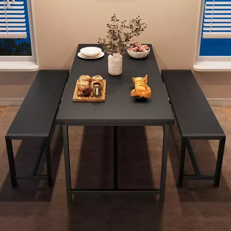 Ensemble de salle à manger compact pour 4-6 personnes, table rectangulaire en métal et bois avec 2 bancs, assemblage facile, idéal pour les appartements et les petits espaces.